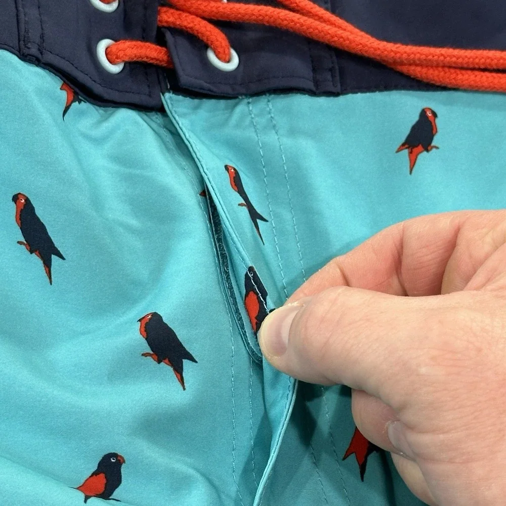 NWT‎ Duluth Trading Company Mens Board Shorts Sz 48 Blue Drawstring Parrot Print